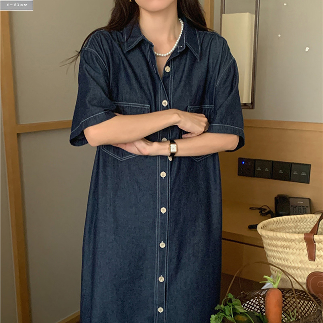브레인 스티치 데님 카라 루즈핏 롱원피스 (진청) 가을 여름 맥시 셔츠 오버핏 제이플로우 이미지 2