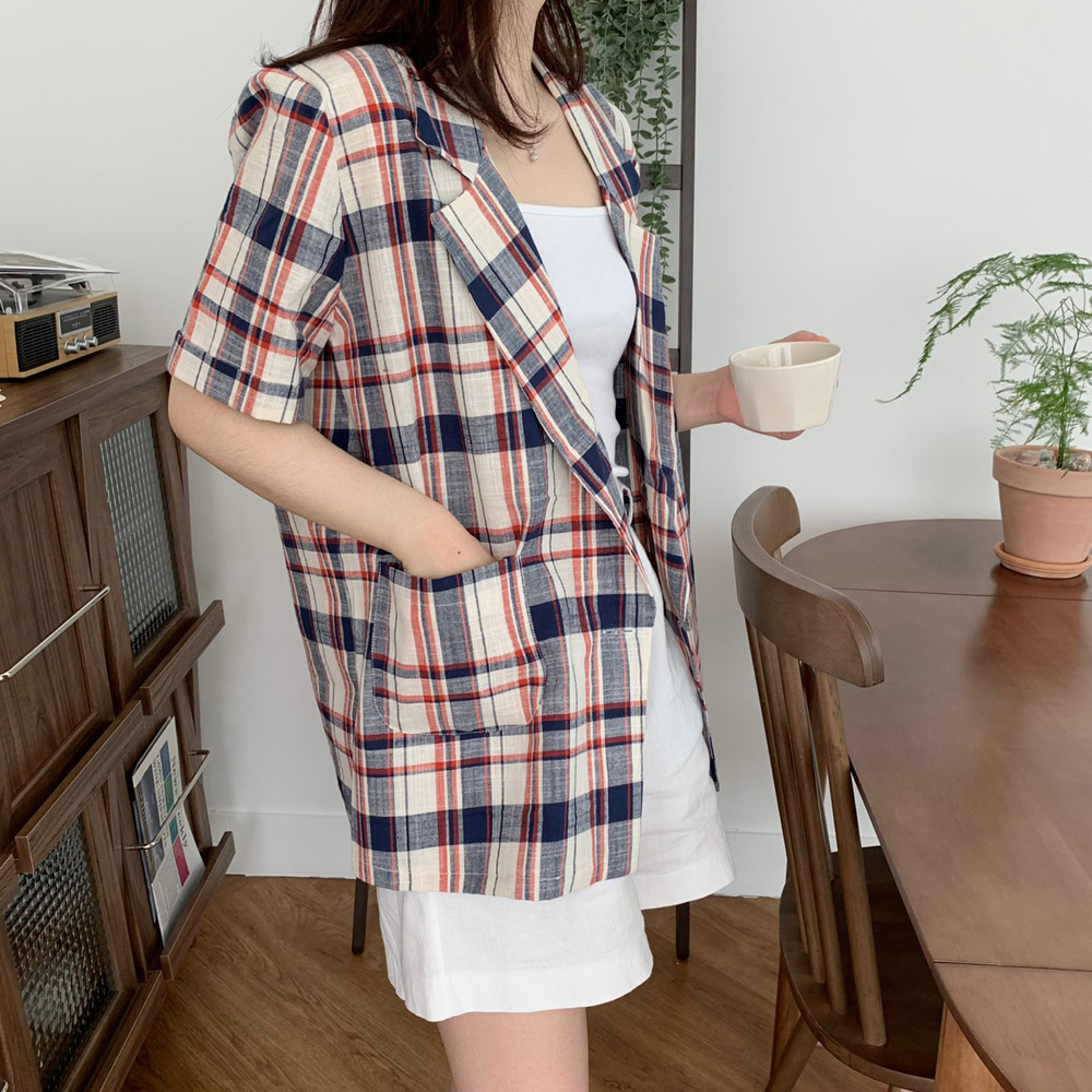 린넨 자켓 여성 여름 자켓 체크 오버핏 반팔 재킷 마 블루 레드 휴양지룩 이미지 4