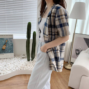 린넨 자켓 여성 여름 자켓 체크 오버핏 반팔 재킷 마 블루 레드 휴양지룩 착용 후기 | 사이즈/핏 총정리 - 상품 이미지 2