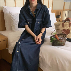 브레인 스티치 데님 카라 루즈핏 롱원피스 (진청) 가을 여름 맥시 셔츠 ... 착용 후기 | 사이즈/핏 총정리 - 상품 이미지 1