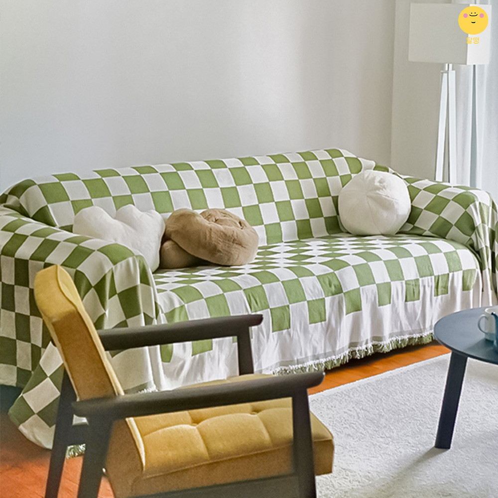 달떵 그린 화이트 체커보드 쇼파 커버 천갈이 덮개 가죽 블랭킷 커버링 패브릭180x180