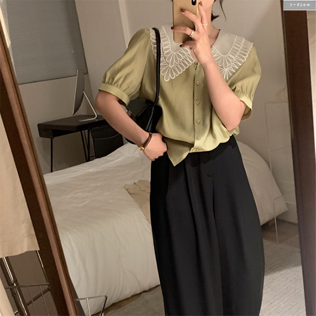 스타 꽃잎 카라 루즈핏 퍼프 쉬폰 블라우스 4col 여름 봄 배색 브이넥 하객 제이플로우 - 상세 이미지 3