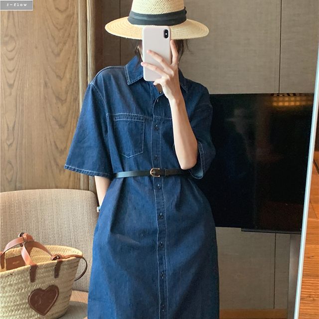 미소 오버핏 스티치 데님 벨트포함 롱원피스 (진청) 여름 봄 루즈핏 포켓 카라 제이플로우 - 상세 이미지 2