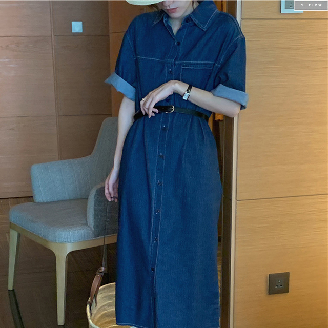미소 오버핏 스티치 데님 벨트포함 롱원피스 (진청) 여름 봄 루즈핏 포켓 카라 제이플로우 이미지 7