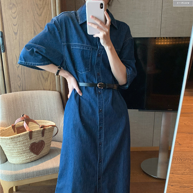 미소 오버핏 스티치 데님 벨트포함 롱원피스 (진청) 여름 봄 루즈핏 포켓 카라 제이플로우 - 상품 이미지