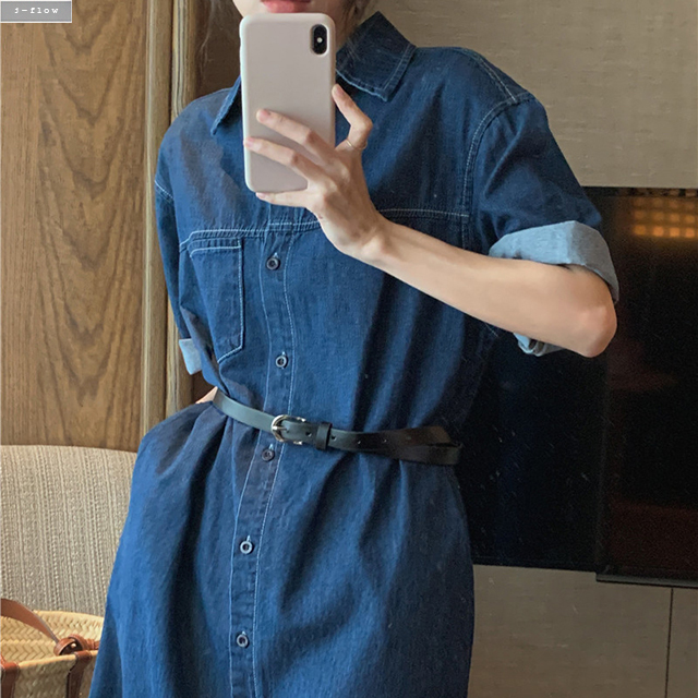 미소 오버핏 스티치 데님 벨트포함 롱원피스 (진청) 여름 봄 루즈핏 포켓 카라 제이플로우 이미지 8