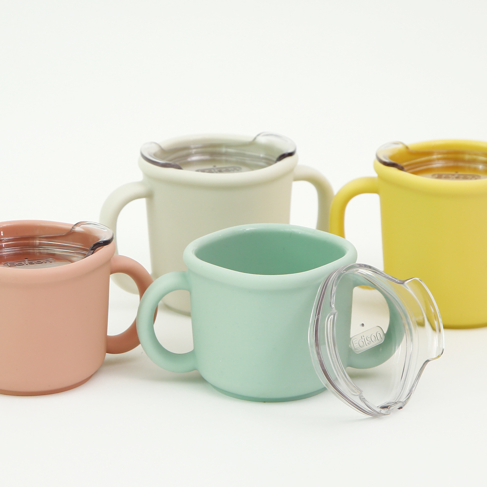 에디슨 어린이집 실리콘 트레이닝 컵 양손 유아 아기 핑크 150ml 물컵 뚜껑컵 연습
