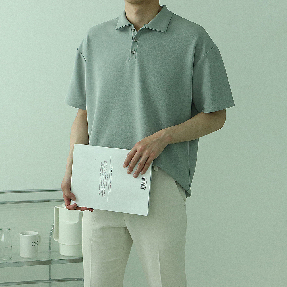 남자 반팔티 오버핏 헨리넥 카라 반팔 티셔츠 - 상세 이미지 2