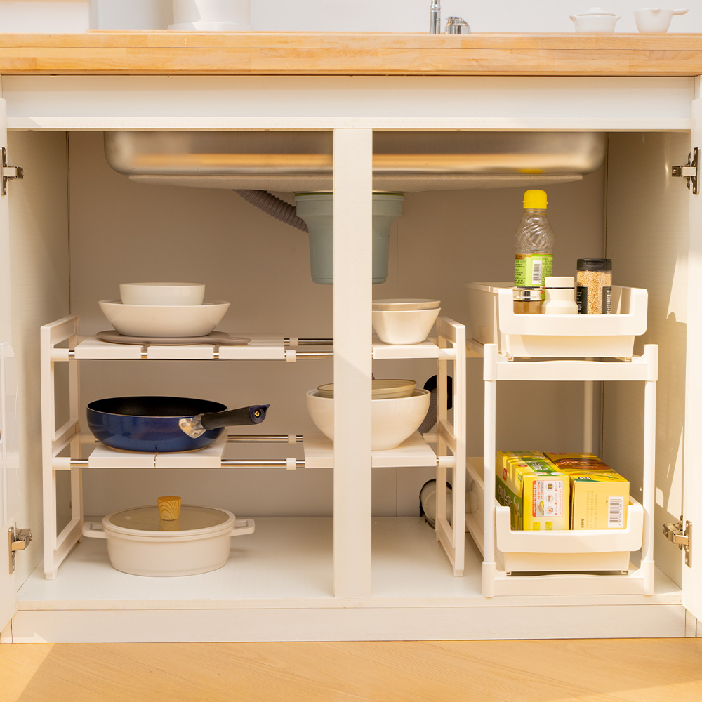 길이조절 주방선반 하부장정리 편백 싱크대선반 싱크대 하부장 정리 수납