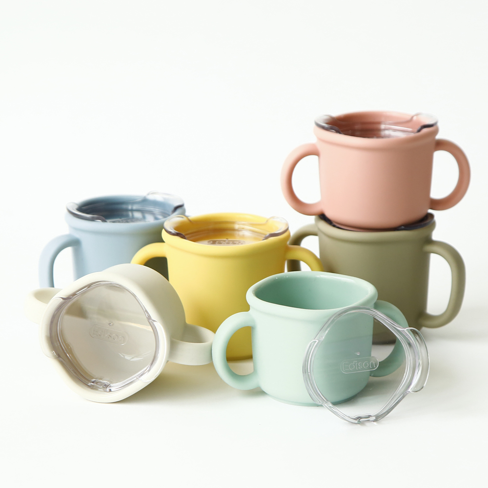 에디슨 어린이집 실리콘 트레이닝 컵 양손 유아 아기 핑크 150ml 물컵 뚜껑컵 연습