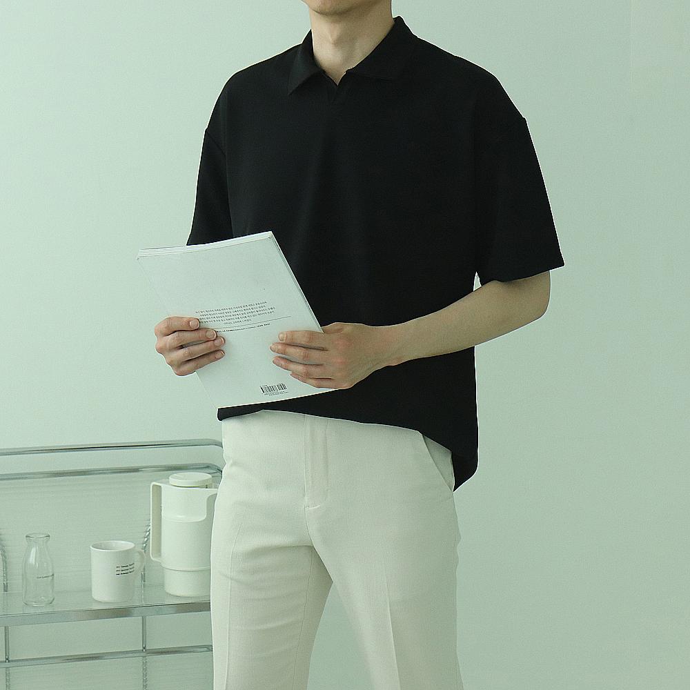남자반팔티 구김없는 오버핏 헨리넥 반팔카라티 - 상세 이미지 4