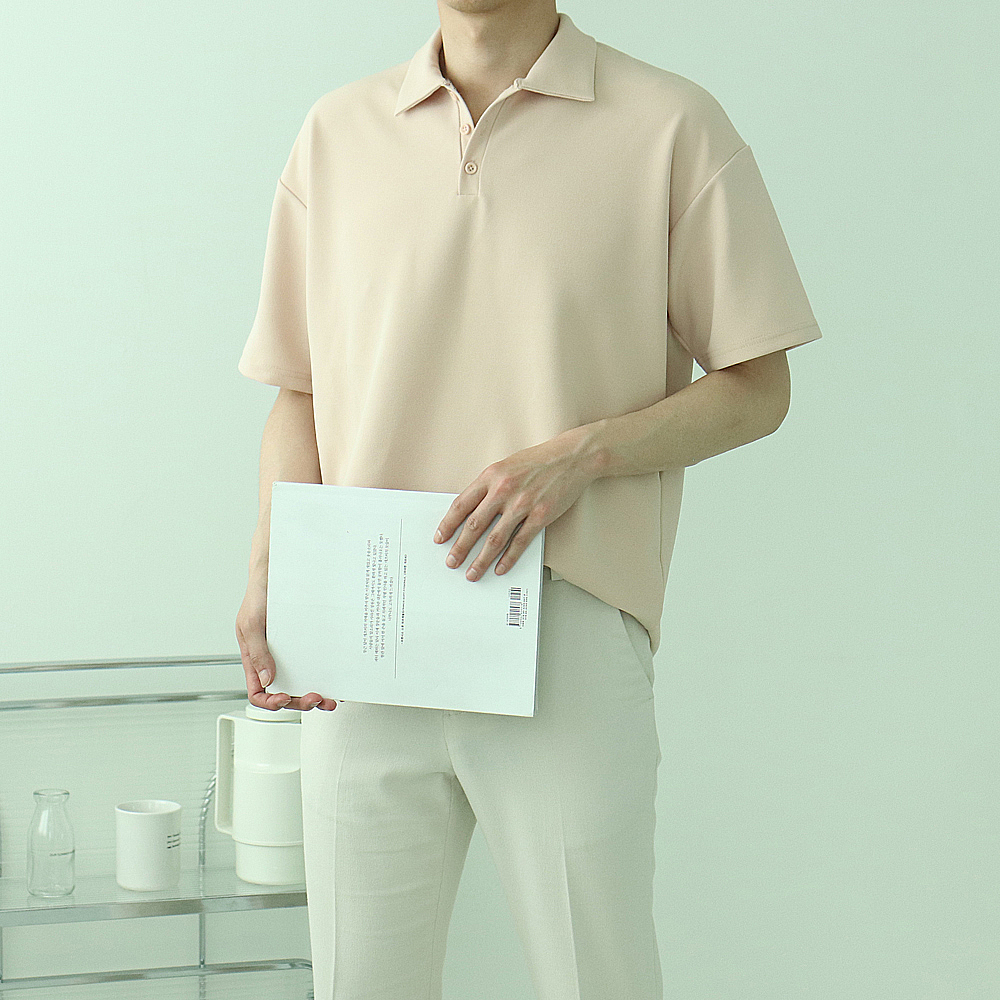 남자 반팔티 오버핏 헨리넥 카라 반팔 티셔츠 - 상품 이미지
