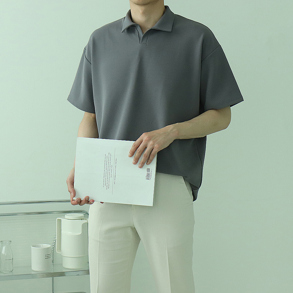 남자반팔티 구김없는 오버핏 헨리넥 반팔카라티 - 상세 이미지 5