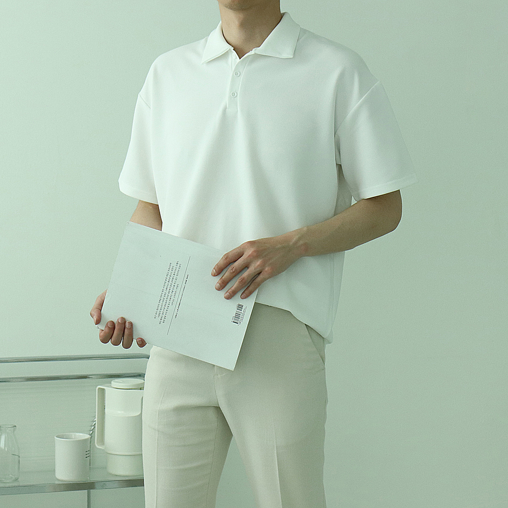 남자 반팔티 오버핏 헨리넥 카라 반팔 티셔츠 - 상세 이미지 3