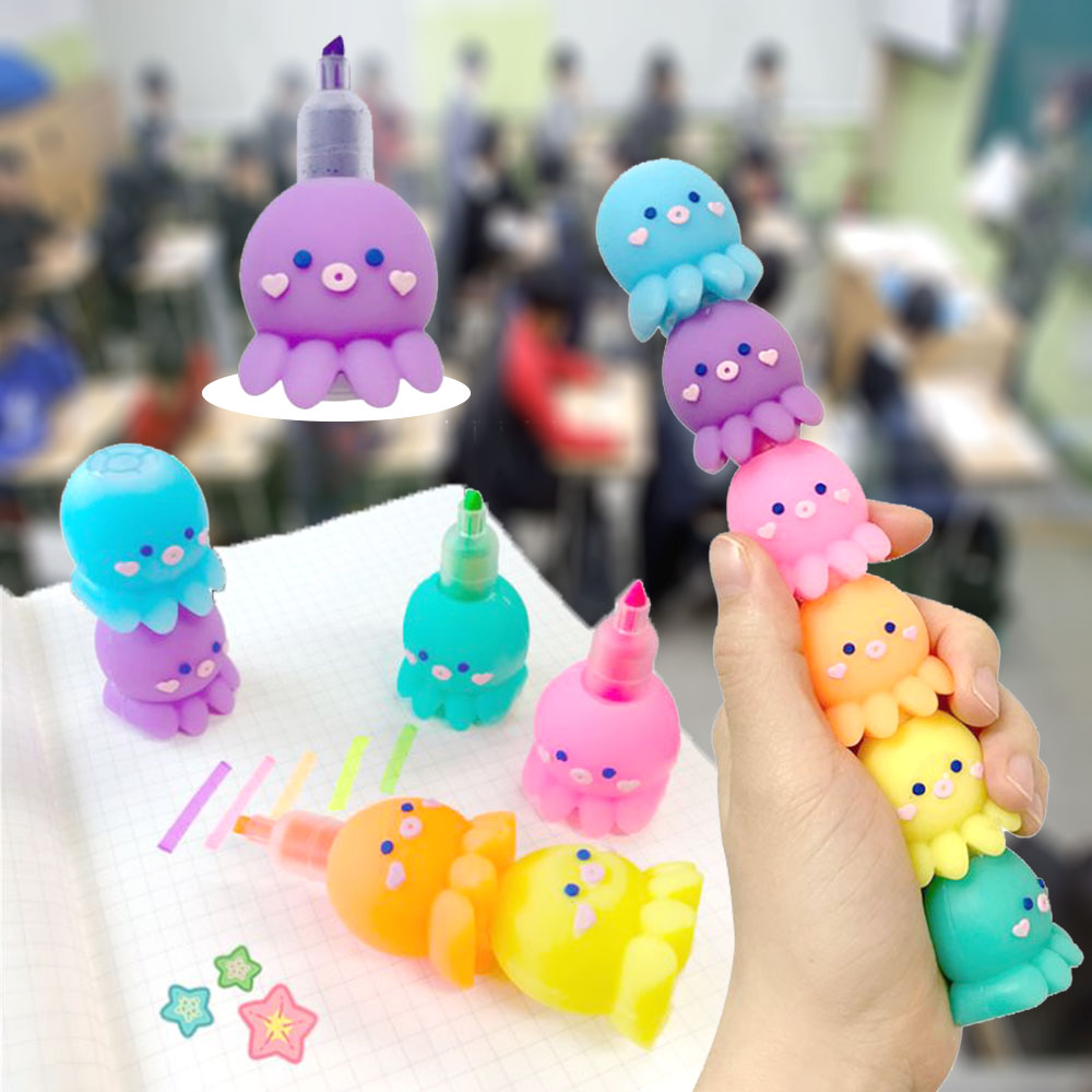 문어형광펜 줄줄이세트 20cm 왕문어 6종 다꾸 귀여운 캐릭터 책상꾸미기 필기구 다용도펜 - 메인 이미지
