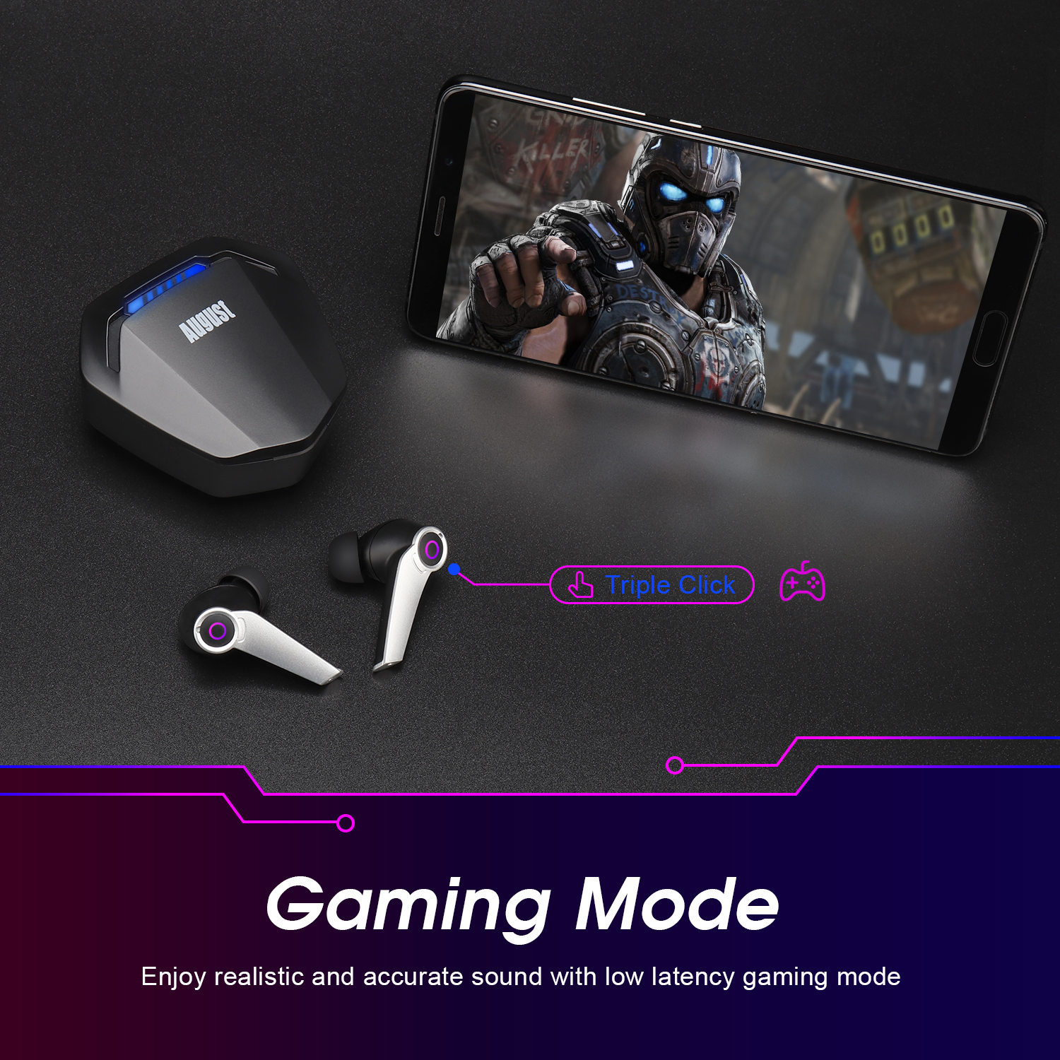 영국 August 게이밍 블루투스이어폰_모델명 EPG500B(블루투스5.0, Dual Mic, Noise Reduction, ENC, Low Latency, Battery수명 대) - 상세 이미지 3