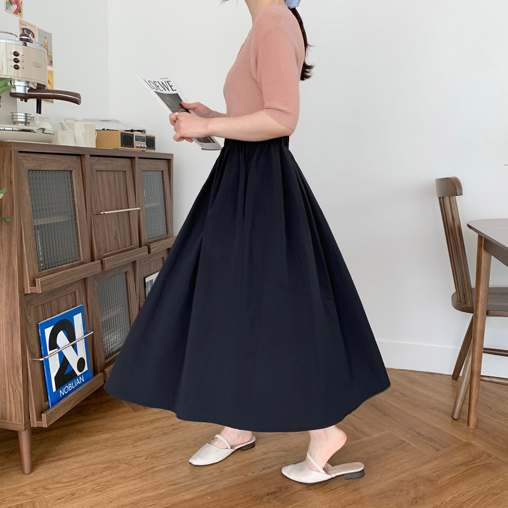 바스락 스커트 밴딩 주름 플레어 스커트 여름 롱스커트 봄 햅번 검정치마 베이지 핑크