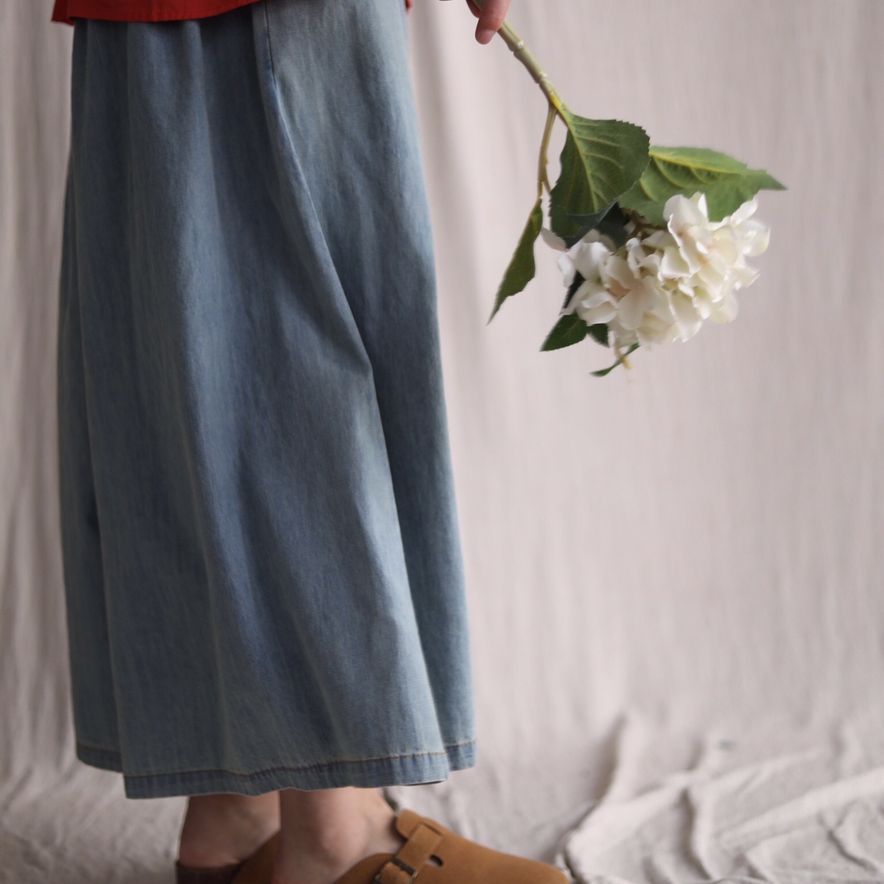 하마마스 여름 9부 와이드 데님팬츠 치마바지 - 상세 이미지 4