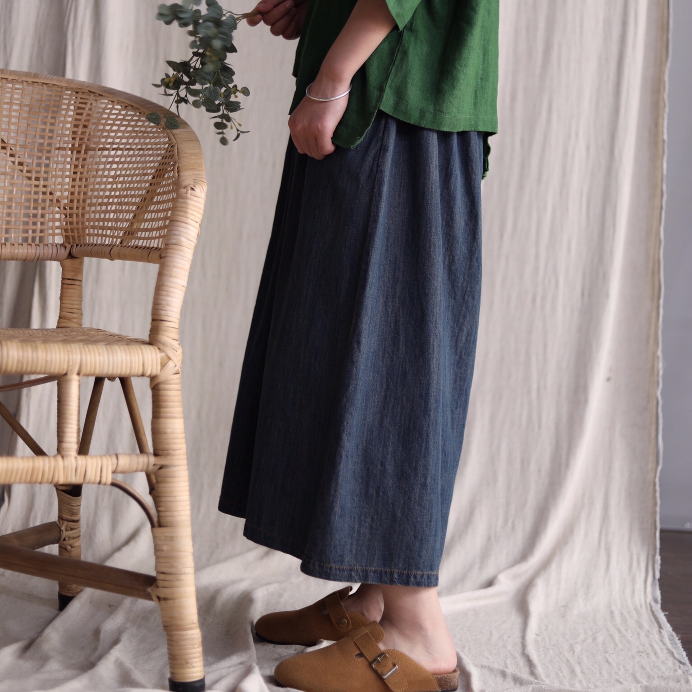 하마마스 여름 9부 와이드 데님팬츠 치마바지 - 상세 이미지 2