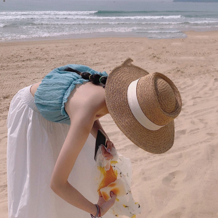 밀짚 리본 페도라 자외선 햇빛 차단 라피아 비치 여행 챙 모자 상세 이미지 1