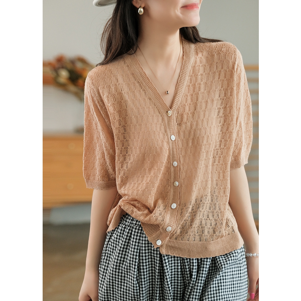 여름 브이넥 펀칭 반팔 린넨가디건