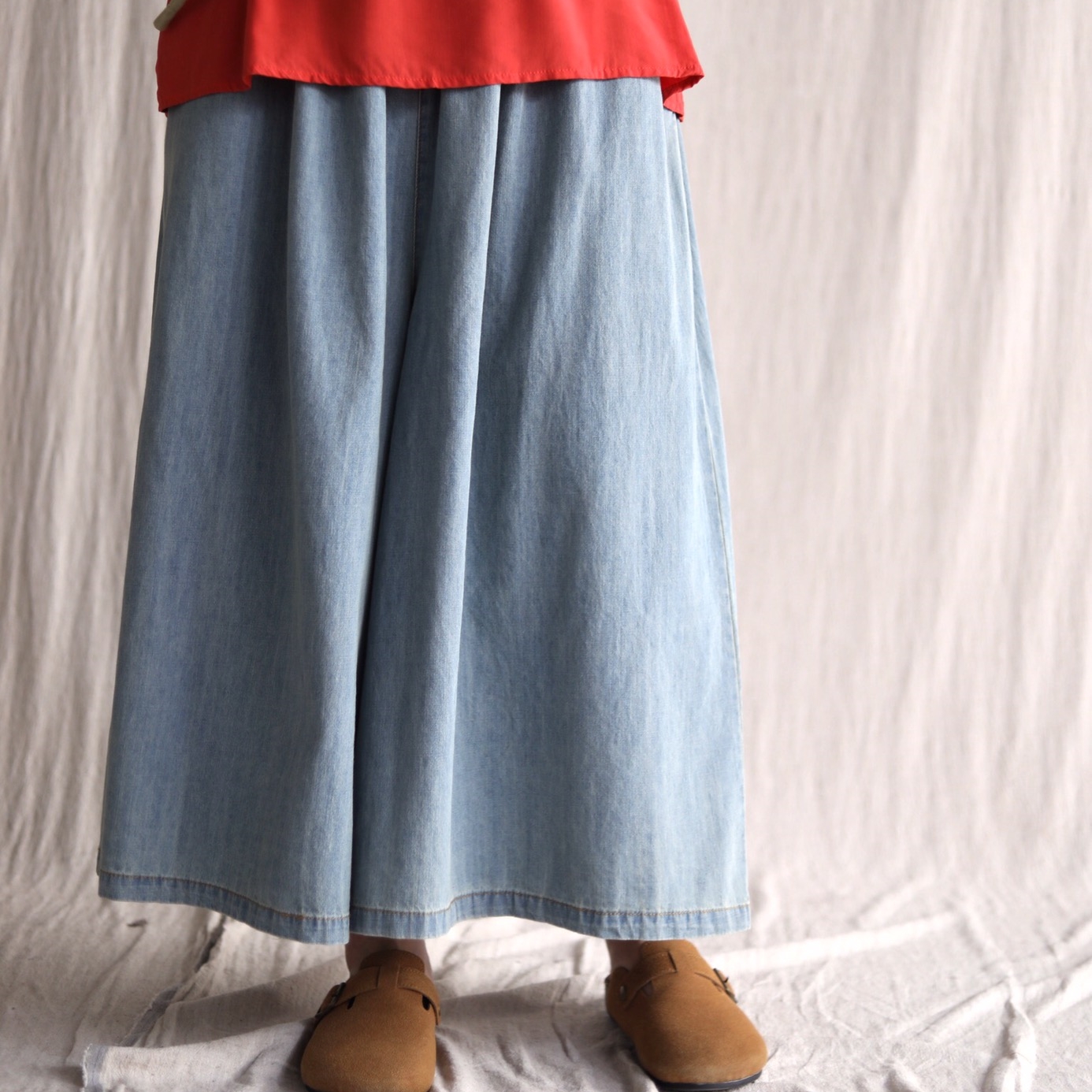 하마마스 여름 9부 와이드 데님팬츠 치마바지 - 상세 이미지 3