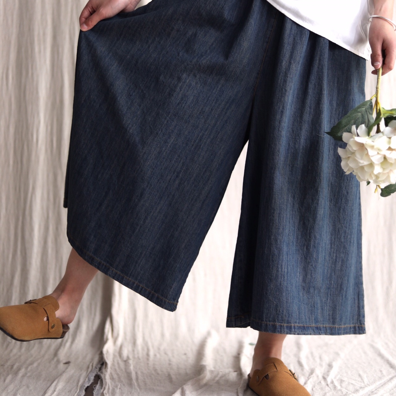 하마마스 여름 9부 와이드 데님팬츠 치마바지