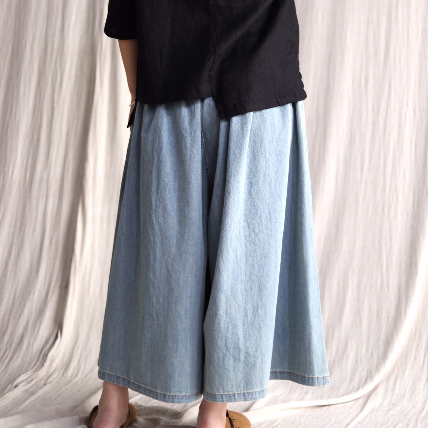 하마마스 여름 9부 와이드 데님팬츠 치마바지 - 상세 이미지 5