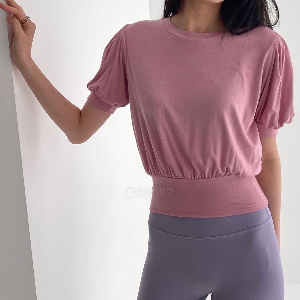 여름 셔링 퍼프 소매 라운드 크롭 반팔 티셔츠 요가 필라테스 운동복 폴웨어 상의 5컬러 - 상세 이미지 4