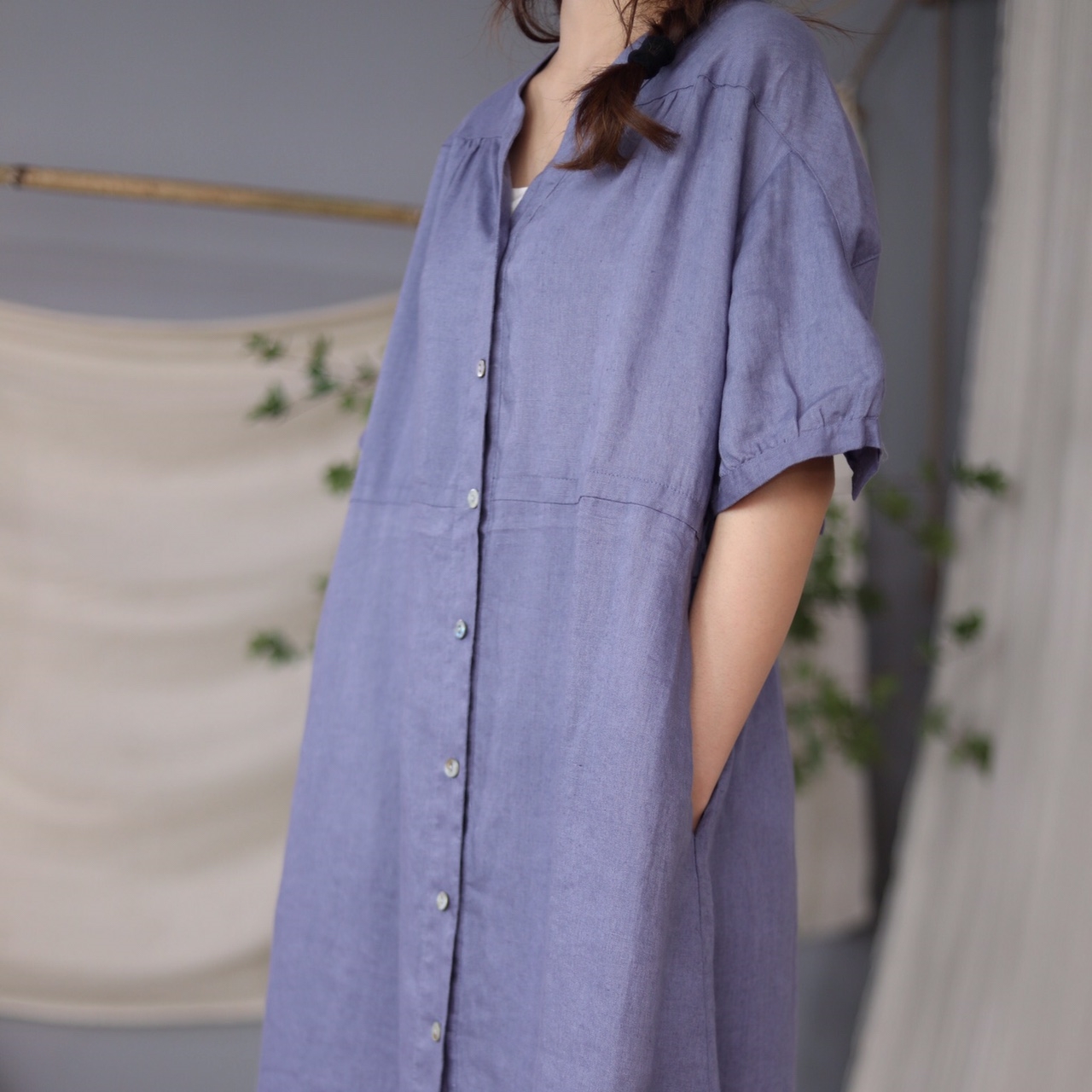 하마마스 여름 브이넥 셔링 린넨롱셔츠원피스