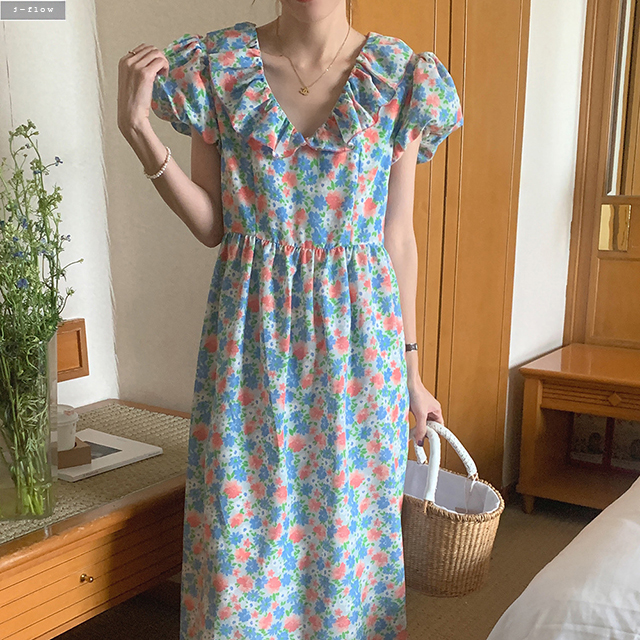 아르떼 플라워 프릴 카라 브이넥 퍼프 롱원피스 3col 여름 맥시 쉬폰 슬림 제이플로우 이미지 6