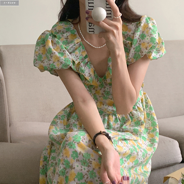 아르떼 플라워 프릴 카라 브이넥 퍼프 롱원피스 3col 여름 맥시 쉬폰 슬림 제이플로우 이미지 8