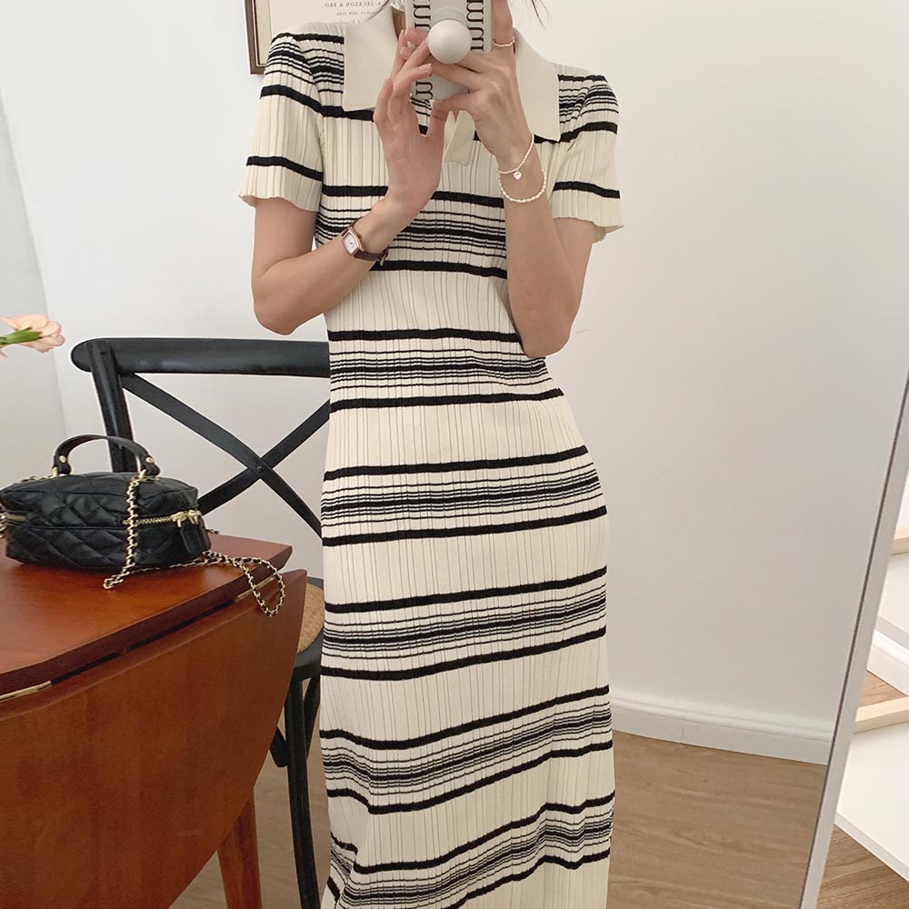 몰링 배색 스트라이프 단가라 플리츠 주름 브이넥 카라 여름 반팔 여리 니트 롱 원피스