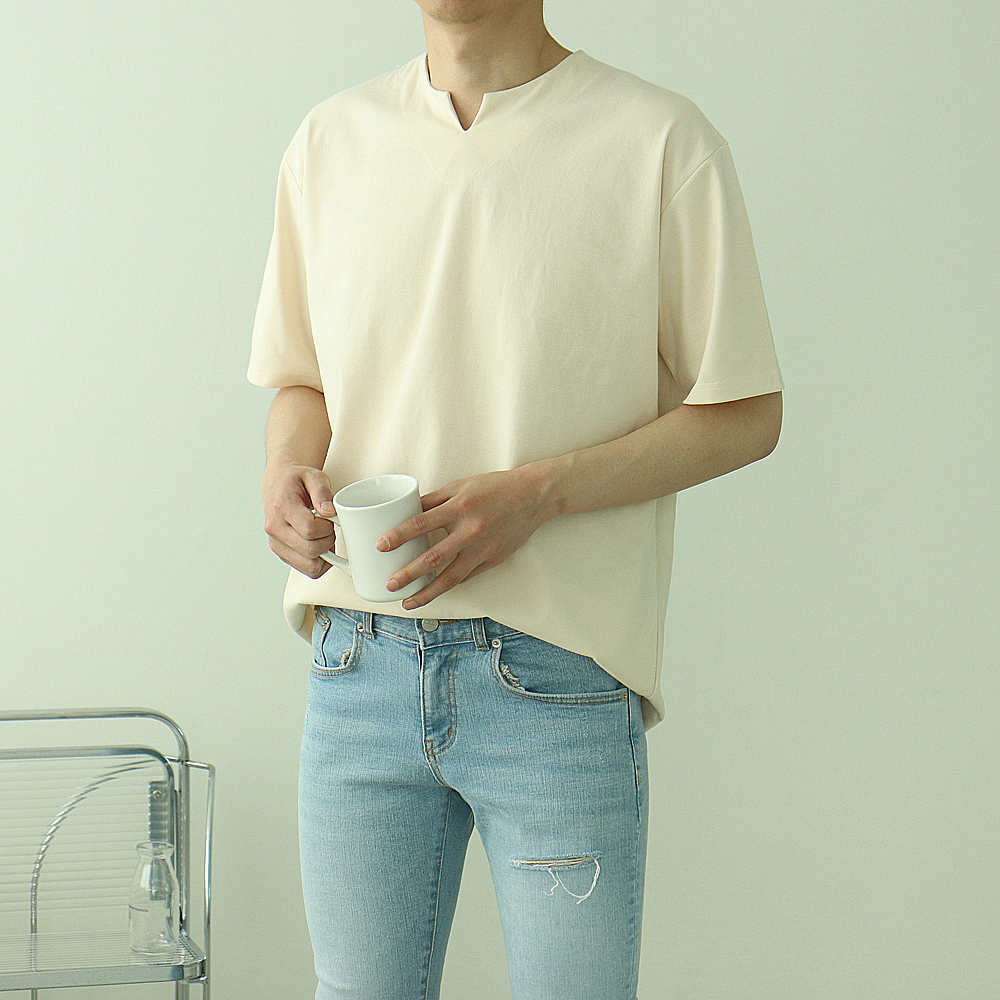 남자반팔티 분또 브이 헨리넥 반팔티 - 상품 이미지