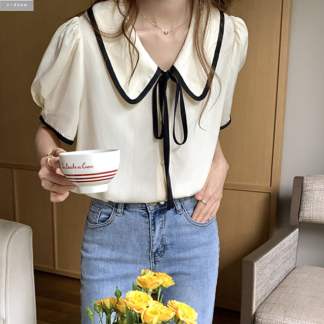 레이브 배색 카라 리본 매듭 실키 블라우스 2col 여름 루즈핏 촤르르 콩버튼 제이플로우 - 상세 이미지 2