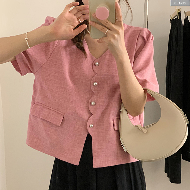 보드 진주버튼 물결 루즈핏 여름 자켓 3col 브이넥 노카라 하객모임 크롭 퍼프 제이플로우 - 상세 이미지 4