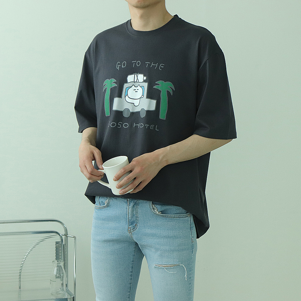 남자반팔티 오버핏 커플 고양이 반팔티 제품 이미지