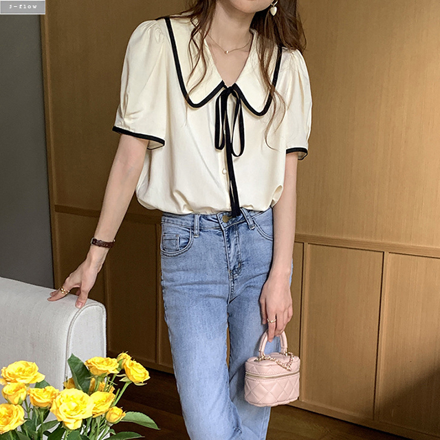 레이브 배색 카라 리본 매듭 실키 블라우스 2col 여름 루즈핏 촤르르 콩버튼 제이플로우 - 상세 이미지 5