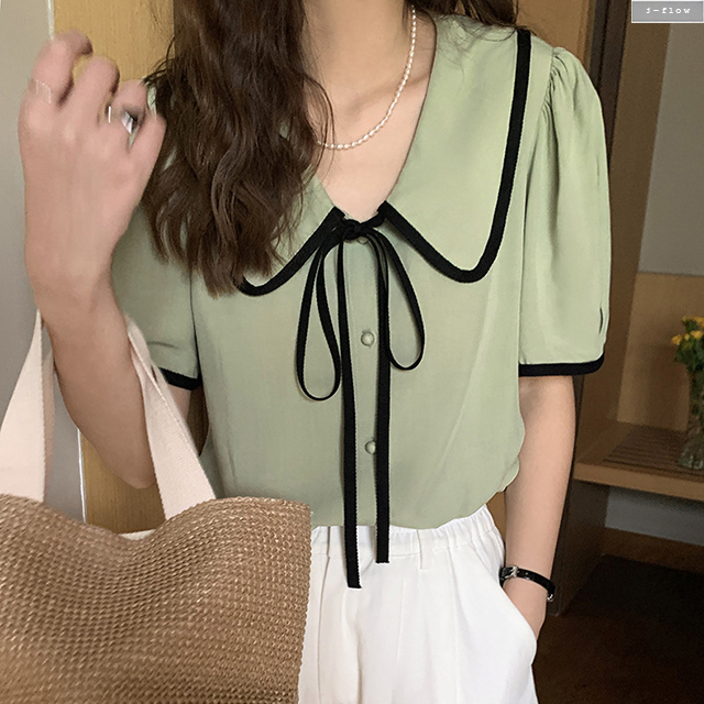 레이브 배색 카라 리본 매듭 실키 블라우스 2col 여름 루즈핏 촤르르 콩버튼 제이플로우 이미지 8