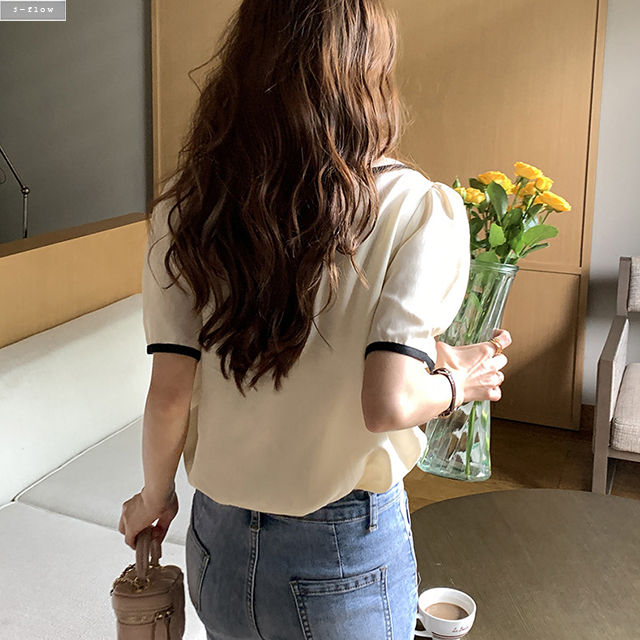 레이브 배색 카라 리본 매듭 실키 블라우스 2col 여름 루즈핏 촤르르 콩버튼 제이플로우 - 상세 이미지 3
