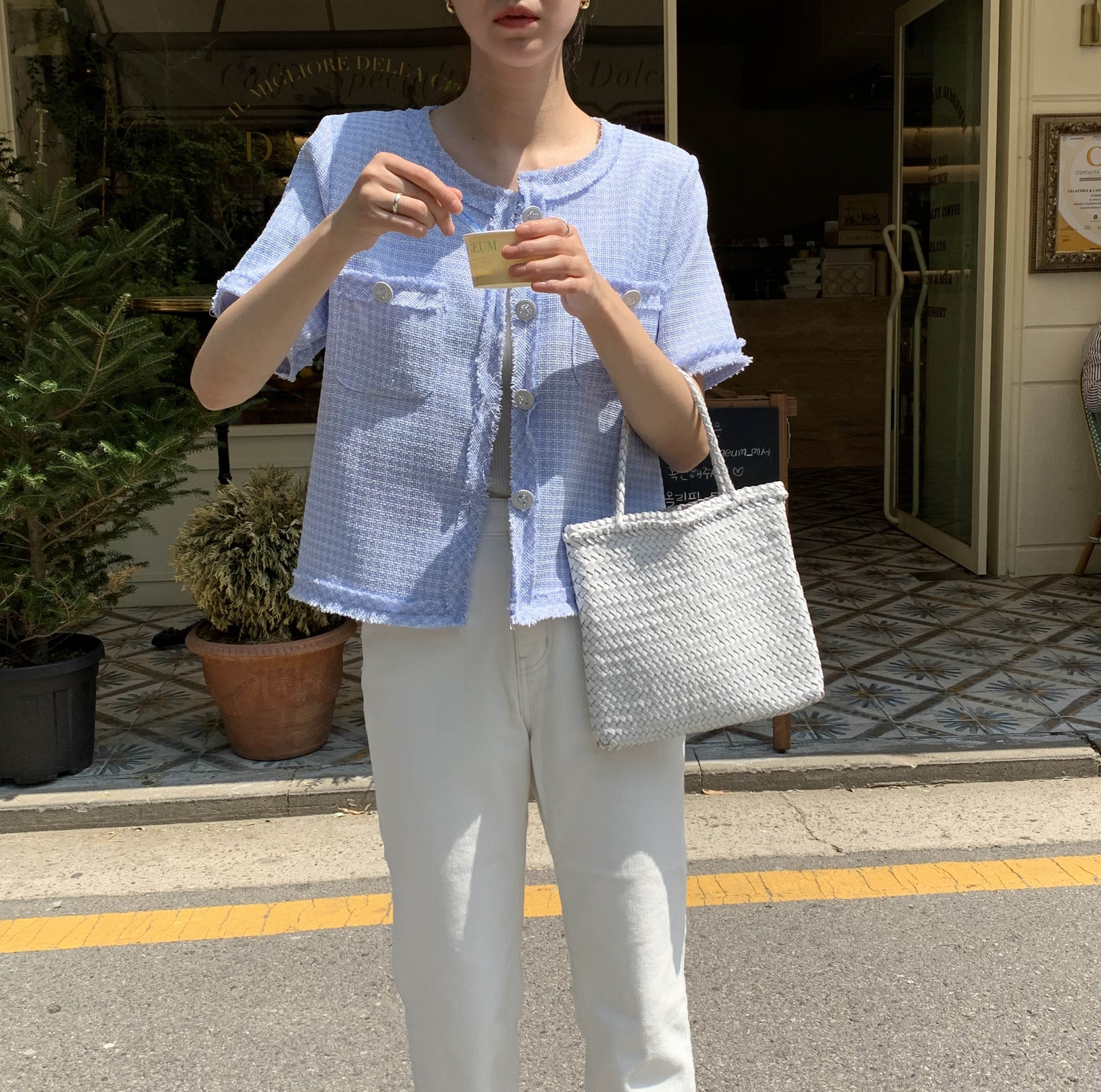 세잉 노카라 라운드넥 수술 포켓 여름 트위드 린넨 반팔 자켓 루즈핏 트위드 재킷 - 상품 이미지