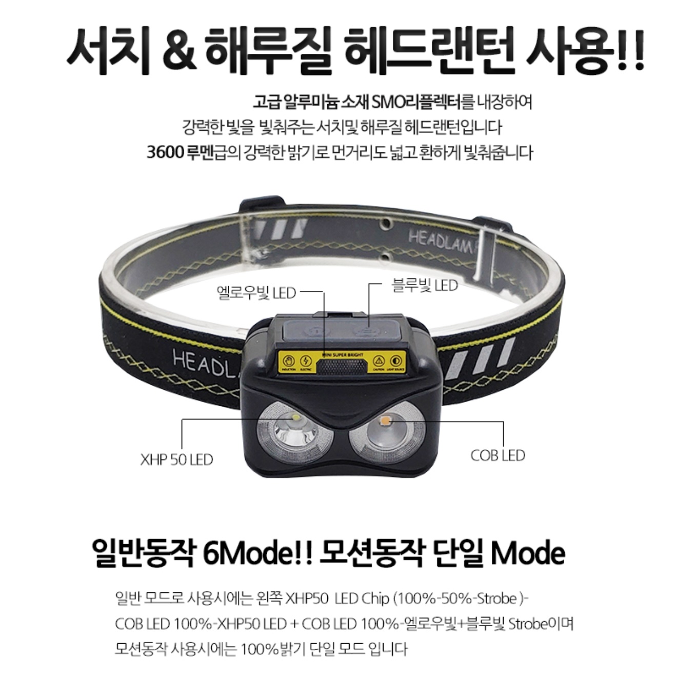 등산용 헤드랜턴 낚시용 머리에 쓰는 랜턴 밴드형 헤드라이트 - 상세 이미지 5