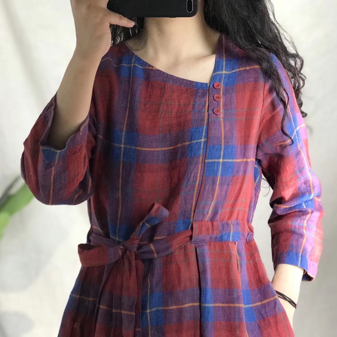 봄 여름 넥포인트 셔링 린넨체크원피스 40 50대여성의류 미시옷