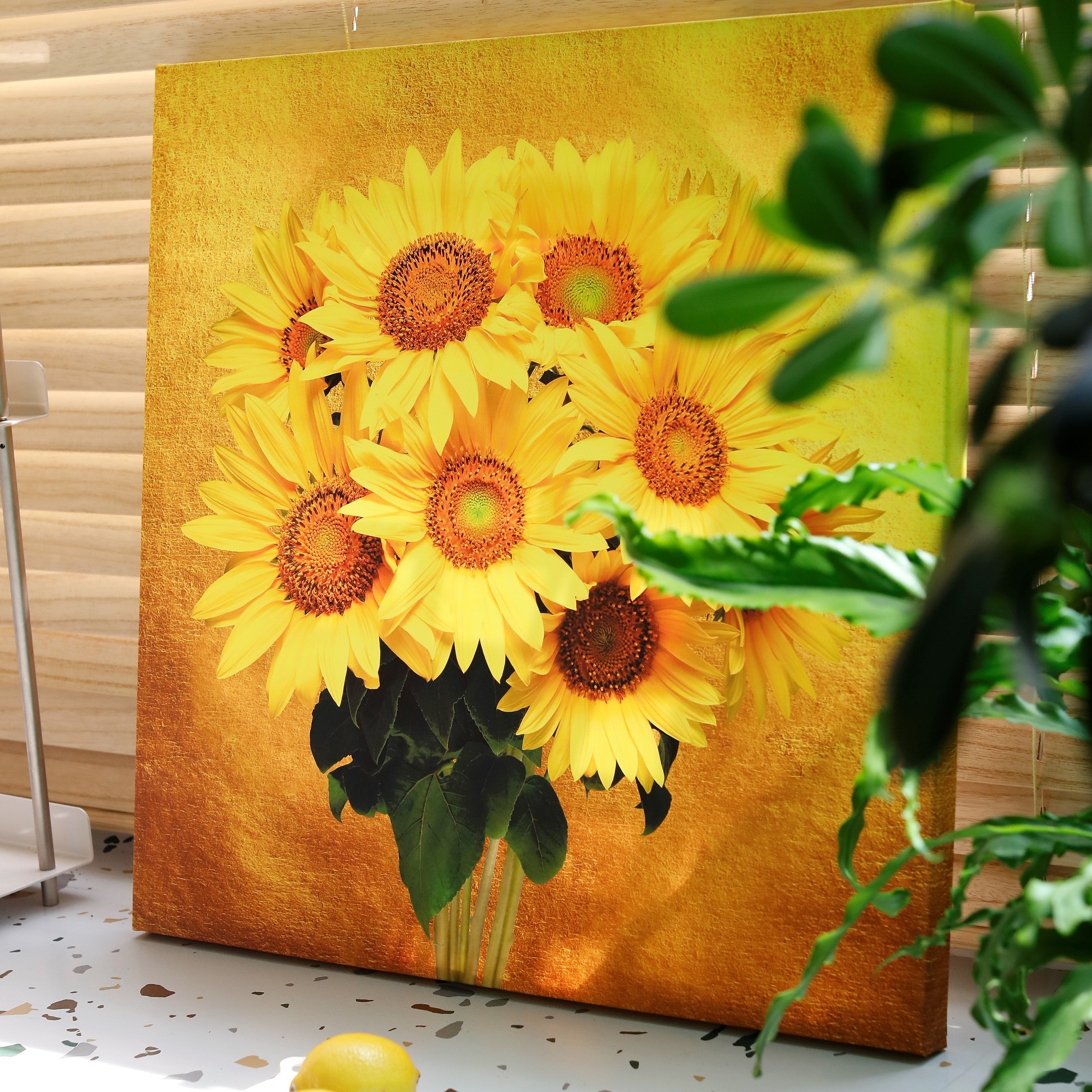 해바라기 액자 그림 80x80cm 거실인테리어 돈들어오는 황금배경 9송이 해바라기 캔버스