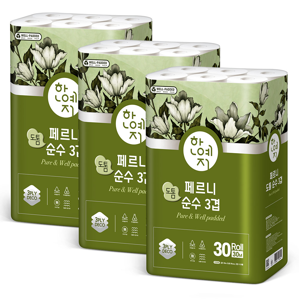 한예지 페르니 도톰 순수 3겹데코 화장지 30m, 30롤, 3팩