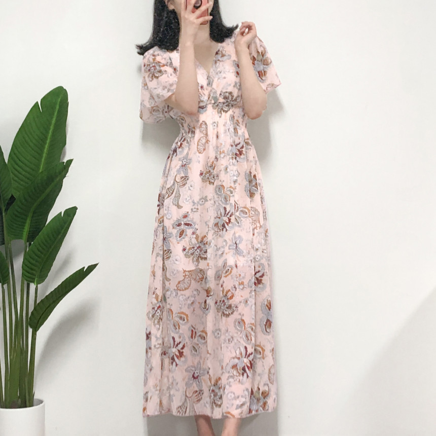 여름 바캉스룩 브이넥 반팔 에스닉 쉬폰 롱 랩 원피스 사진 2