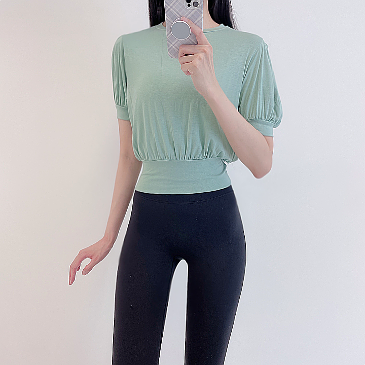 로라벨 퍼브 필라테스복 요가복 필라테스 상의 옷 커버업 운동복 탑 요가 크롭 반팔 복장