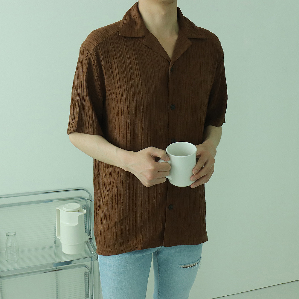 남자반팔셔츠 링클프리 플리츠 오픈카라 남자린넨셔츠 - 상세 이미지 3
