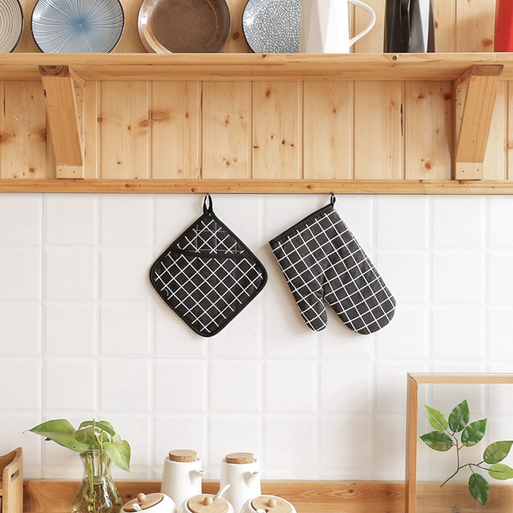 북유럽풍 투피스 주방장갑 화이트그리드 세트 냄비장갑 오븐장갑