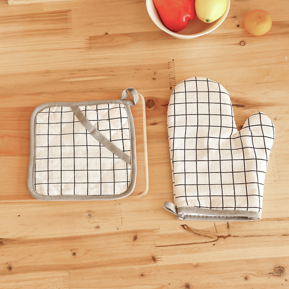 북유럽풍 투피스 주방장갑 화이트그리드 세트 냄비장갑 오븐장갑